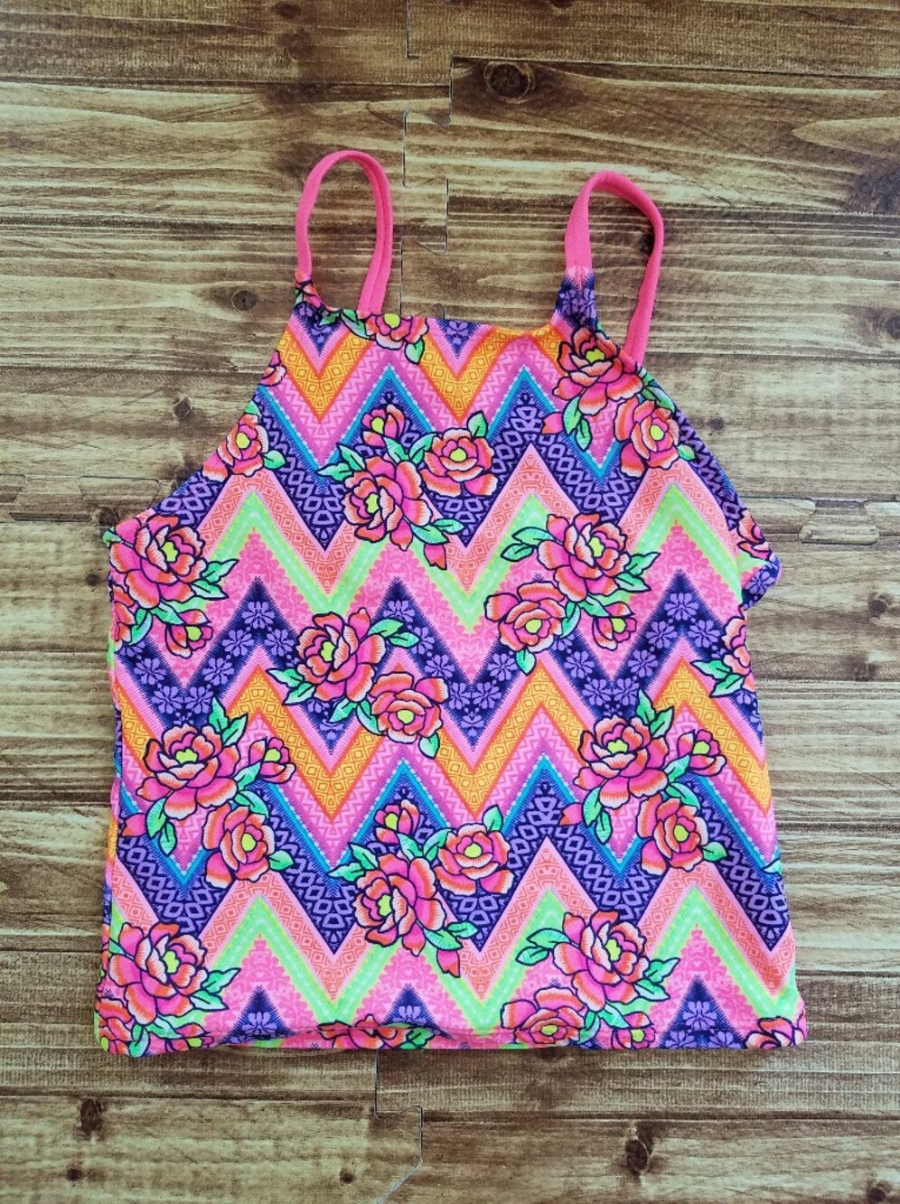 Wonder Nation Girls Tankini Swim Top Size M 7/8 Pink Rose Chevron Tribal